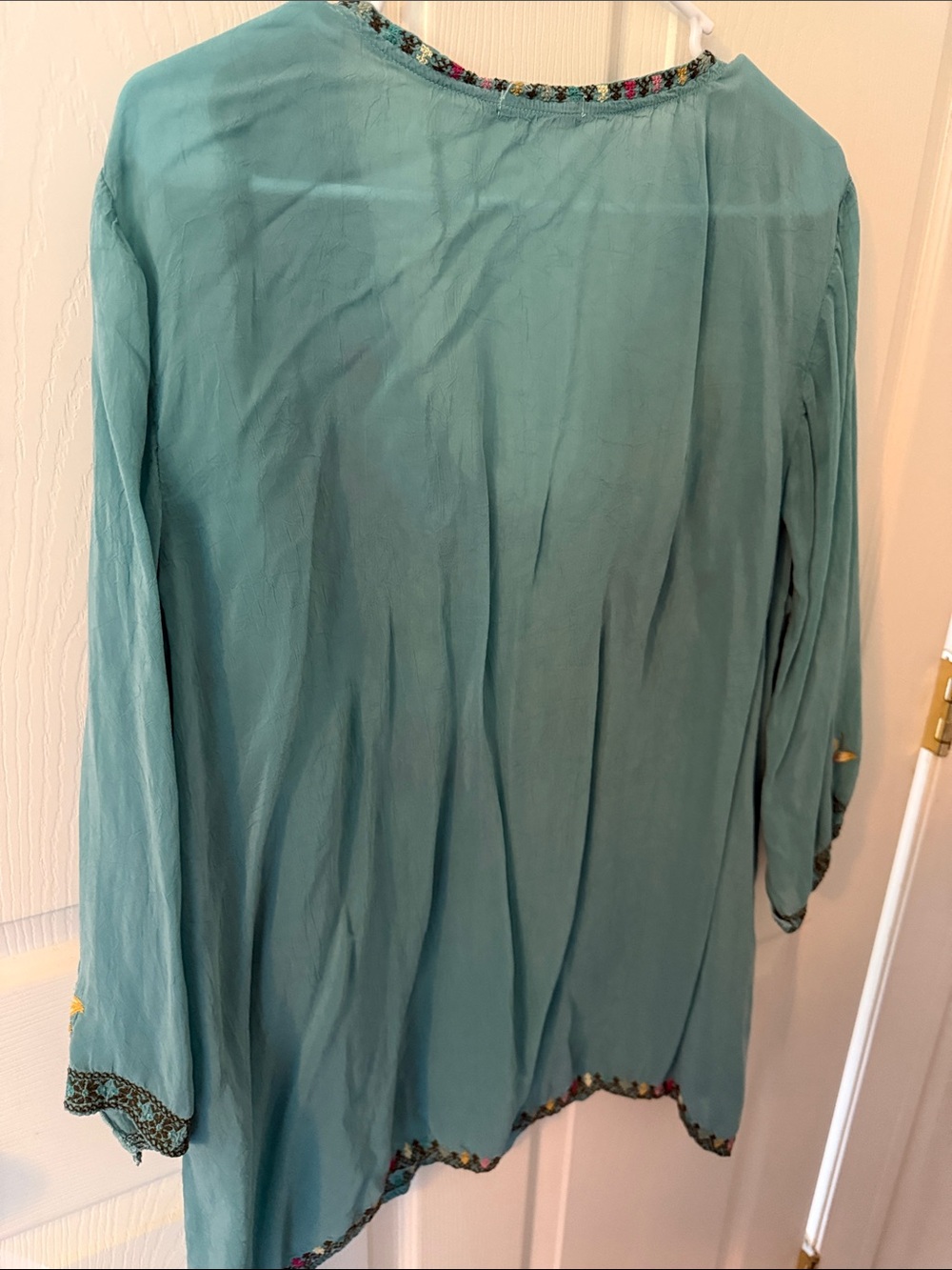 Johnny Was Teal V-Neck Tunic with Multicolor Floral Embroidery - Picture 5 of 5
